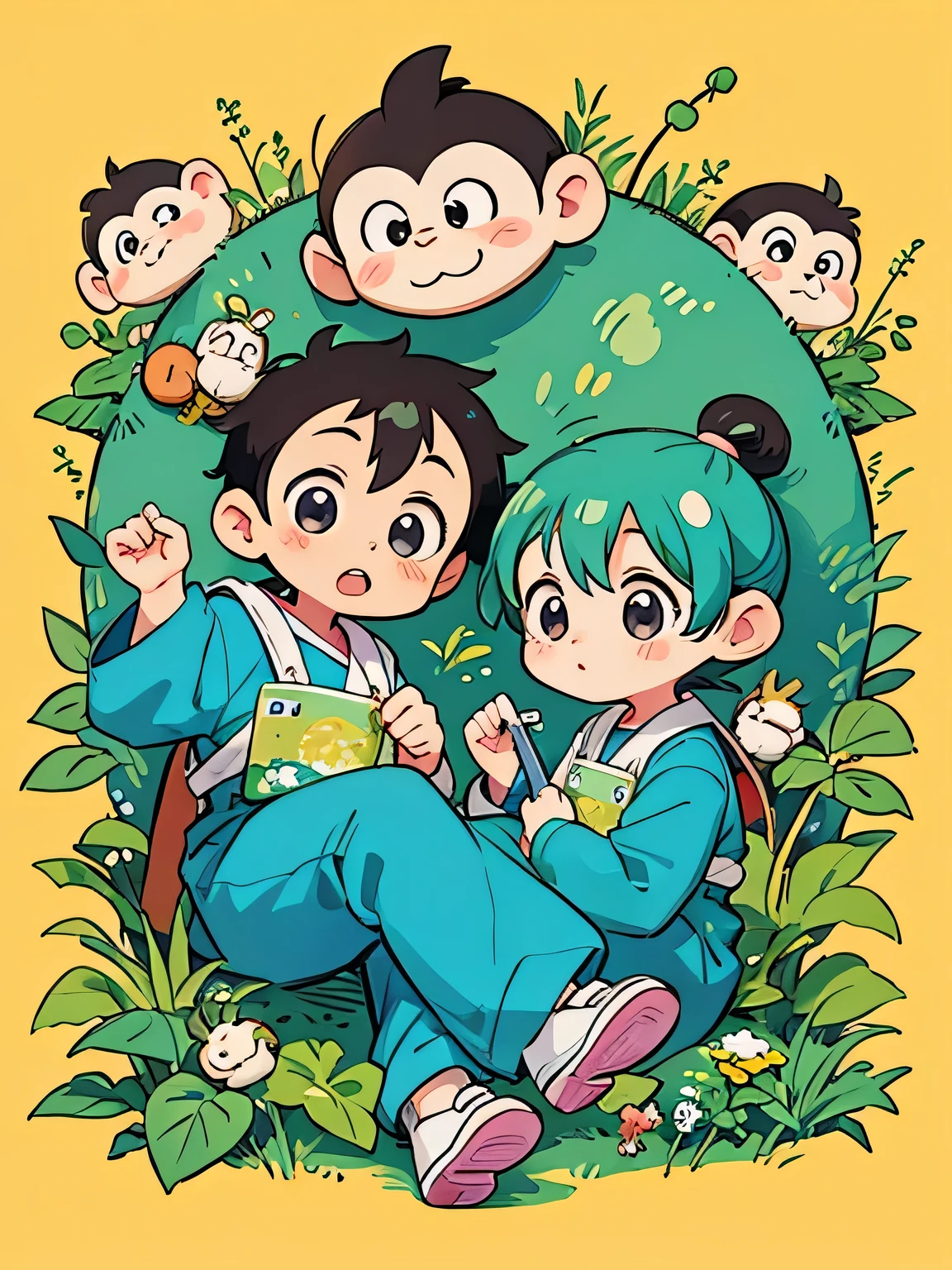 Fujio Akatsuka style, Kawaii Design, monkey, monkey Forest