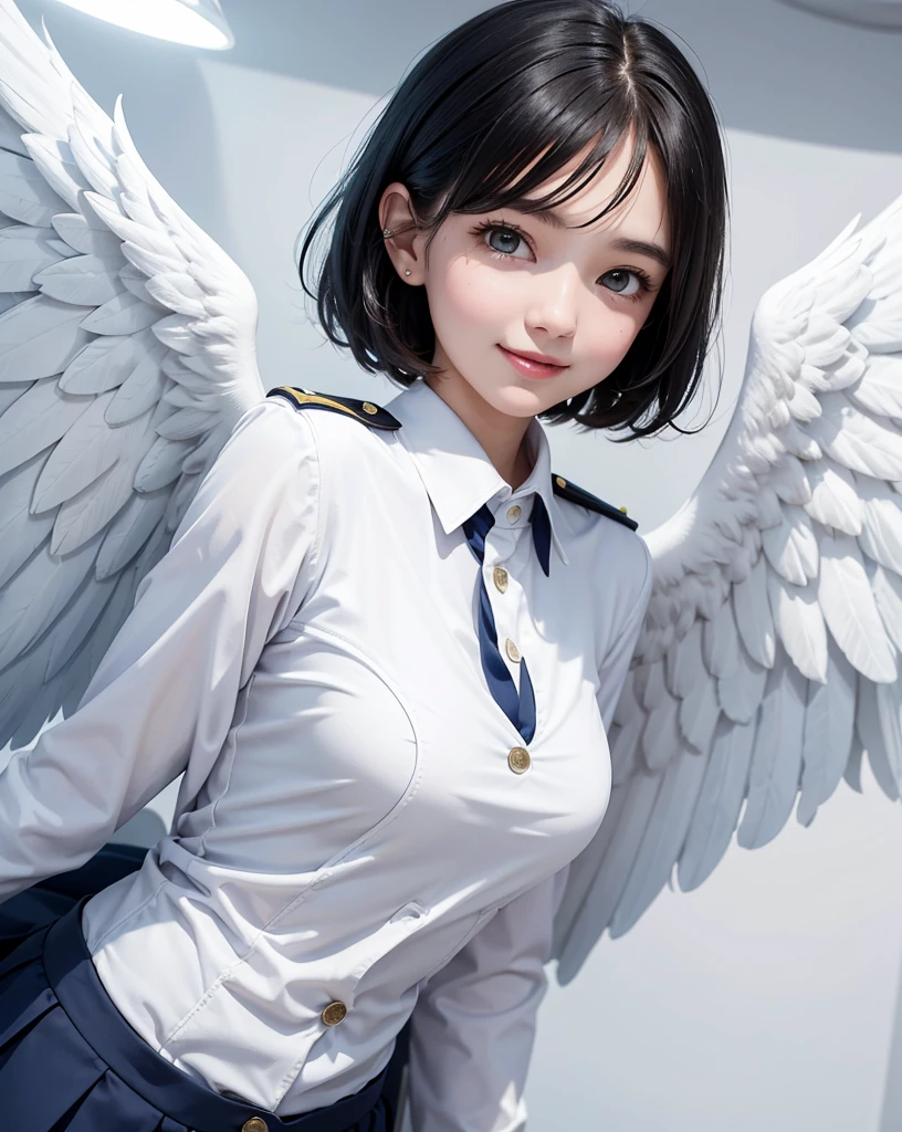 pop art,flat design,
angel girl,cute,15yo,ange halo,navy wavy short hair,(big white wings),
(flight attendant uniform),
in eden,
dynamic angle,nihilistic smile,beautiful lighting,photographic portrait, sharp,