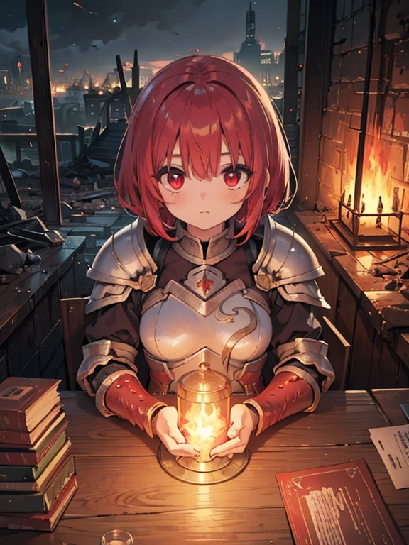 (8k, highest quality, Tabletop:1.2)、Ultra-high resolution, End of the century worldview, 1 girl , Perfect Fingers, Detailed face, Tired face, Red eyes, Red hair, short hair, Silver Armor, Gauntlet, Long tights, Leggers, In the ruined city, The dust rises, dim, carry a sword on one&#39;s waist, Arms crossed, upright