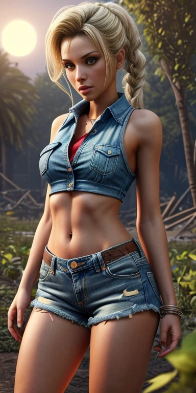 (masterpiece), best quality, expressive eyes, perfect face, front lighting, (farm background), (walking), (seductive look), (cleavage view), (1girl, Nami, 18 years old, grey-blue hair, grey-blue hair, grey-blue hair, BREAK, short hair with hairband, bob hairstyle, brown eyes, hourglass figure, dark skin, tanned skin, tan, skinny body, thin body, medium breasts, wide hips, thick thighs, sholder tattoo, chest tattoo, collarbone tattoo), BREAK, (yellow v-neck shirt, sleeveless, croptop, exposed cleavage, BREAK, shorts),