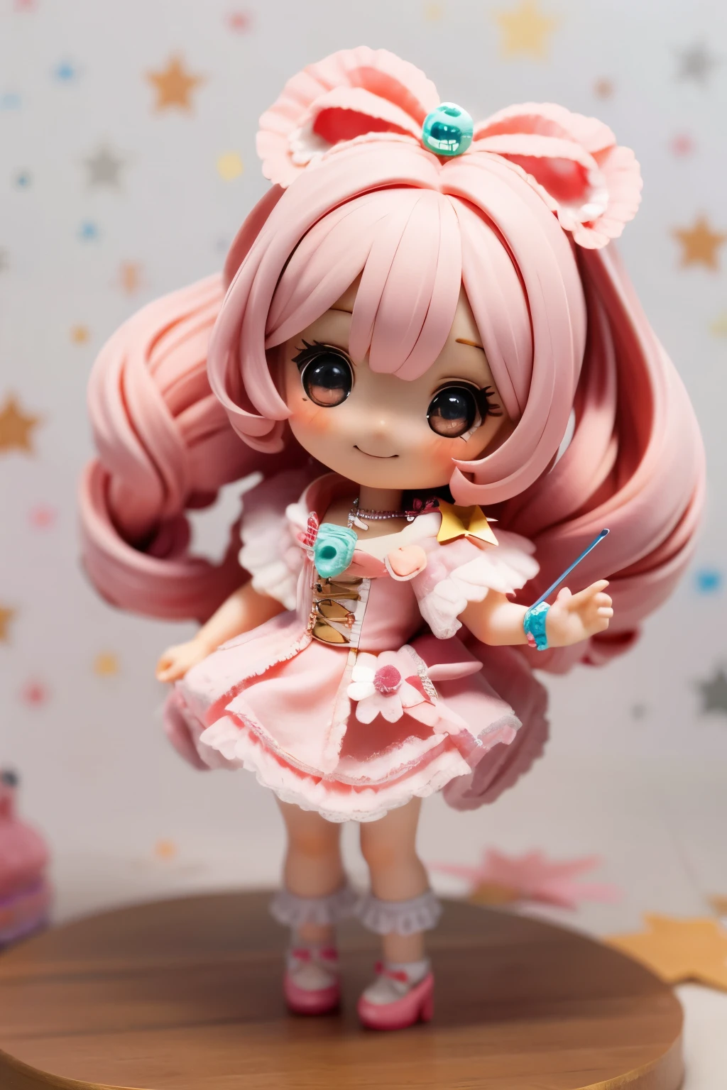 Photorealistic、Chibi Girl Doll(Sweets hair ornament、Have a magic wand、smile)