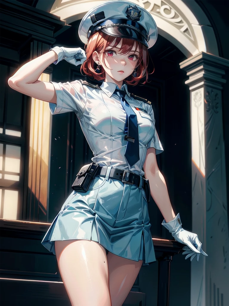 policewoman uniform, light blue short sleeved shirt, navy necktie, high waisted miniskirt, belt, white gloves, police hat, handcuffs, absurdres, RAW photo, extremely delicate and beautiful, masterpiece, Best Quality, ultra high resolution, 32k, hyperrealistic, ultra-detailed, detailed description, pale skin, 20 years old, tearful mole, earring, short medium hair, wavy hair, whole body shot, legs, Redhead, Red eyes,