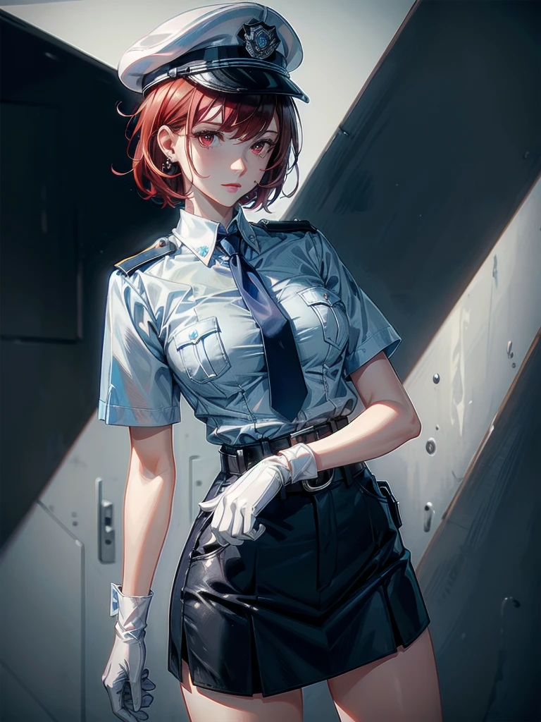 policewoman uniform, light blue short sleeved shirt, navy necktie, high waisted miniskirt, belt, white gloves, police hat, handcuffs, absurdres, RAW photo, extremely delicate and beautiful, masterpiece, Best Quality, ultra high resolution, 32k, hyperrealistic, ultra-detailed, detailed description, pale skin, 20 years old, tearful mole, earring, short medium hair, wavy hair, whole body shot, legs, Redhead, Red eyes,