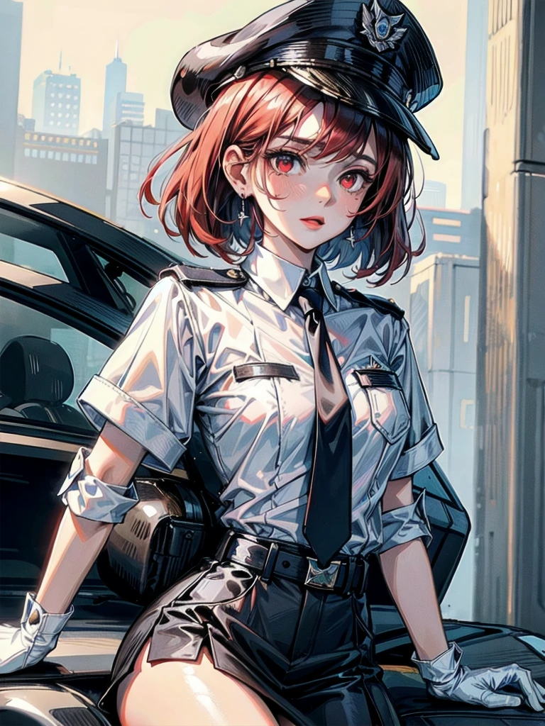 policewoman uniform, light blue short sleeved shirt, navy necktie, high waisted miniskirt, belt, white gloves, police hat, handcuffs, absurdres, RAW photo, extremely delicate and beautiful, masterpiece, Best Quality, ultra high resolution, 32k, hyperrealistic, ultra-detailed, detailed description, pale skin, 20 years old, tearful mole, earring, short medium hair, wavy hair, whole body shot, legs, Redhead, Red eyes,