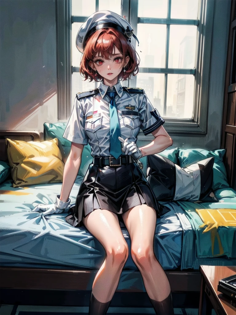 policewoman uniform, light blue short sleeved shirt, navy necktie, high waisted miniskirt, belt, white gloves, police hat, handcuffs, absurdres, RAW photo, extremely delicate and beautiful, masterpiece, Best Quality, ultra high resolution, 32k, hyperrealistic, ultra-detailed, detailed description, pale skin, 20 years old, tearful mole, earring, short medium hair, wavy hair, whole body shot, legs, Redhead, Red eyes,