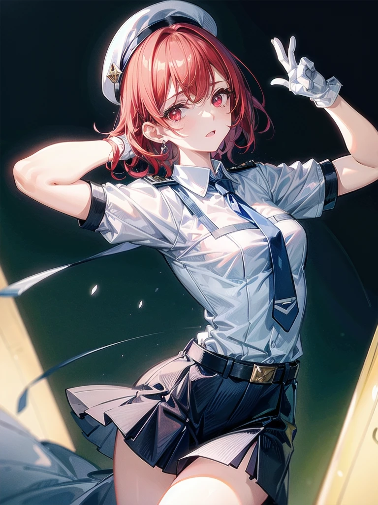 policewoman uniform, light blue short sleeved shirt, navy necktie, high waisted miniskirt, belt, white gloves, police hat, handcuffs, absurdres, RAW photo, extremely delicate and beautiful, masterpiece, Best Quality, ultra high resolution, 32k, hyperrealistic, ultra-detailed, detailed description, pale skin, 20 years old, tearful mole, earring, short medium hair, wavy hair, whole body shot, legs, Redhead, Red eyes, 