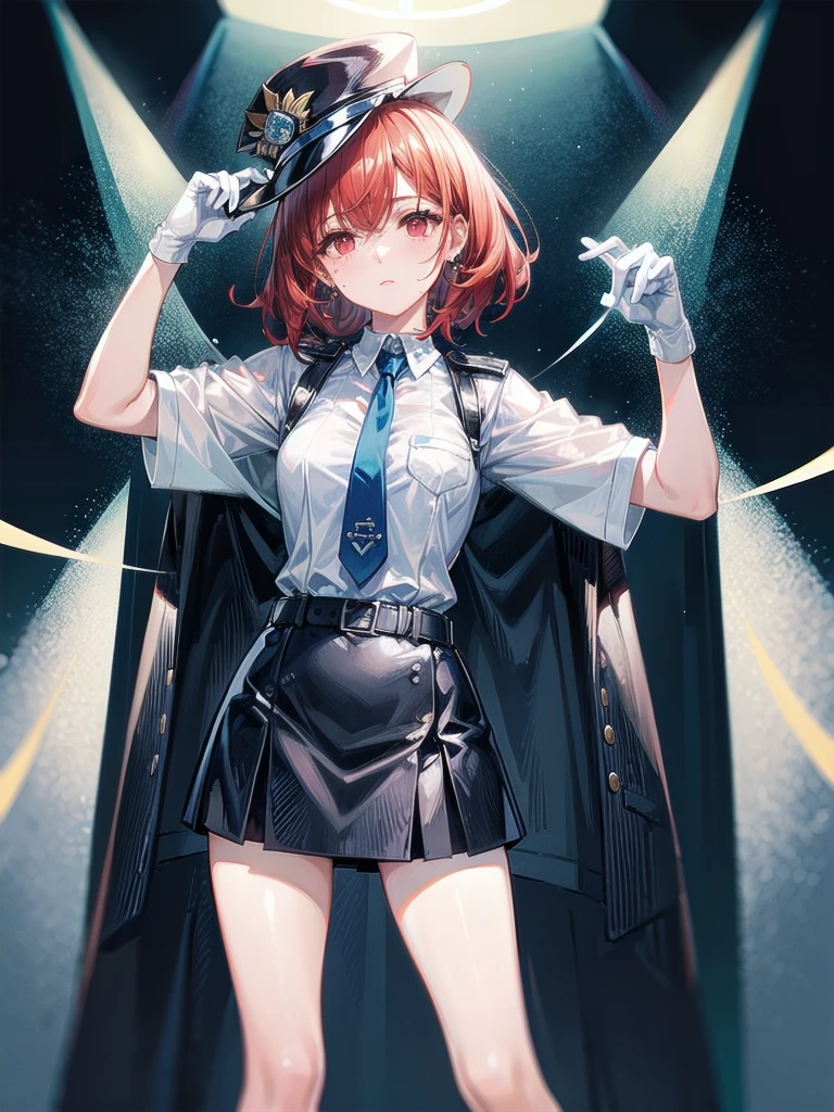 policewoman uniform, light blue short sleeved shirt, navy necktie, high waisted miniskirt, belt, white gloves, police hat, handcuffs, absurdres, RAW photo, extremely delicate and beautiful, masterpiece, Best Quality, ultra high resolution, 32k, hyperrealistic, ultra-detailed, detailed description, pale skin, 20 years old, tearful mole, earring, short medium hair, wavy hair, whole body shot, legs, Redhead, Red eyes,