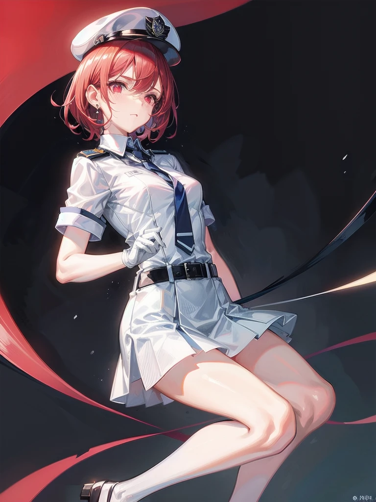 policewoman uniform, light blue short sleeved shirt, navy necktie, high waisted miniskirt, belt, white gloves, police hat, handcuffs, absurdres, RAW photo, extremely delicate and beautiful, masterpiece, Best Quality, ultra high resolution, 32k, hyperrealistic, ultra-detailed, detailed description, pale skin, 20 years old, tearful mole, earring, short medium hair, wavy hair, whole body shot, legs, Redhead, Red eyes,
