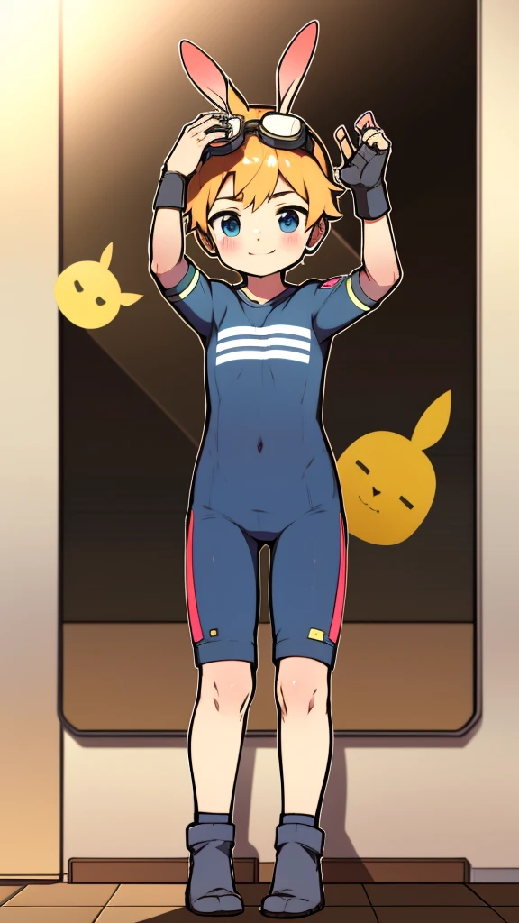 ((A young boy)),(Youthful feeling),One-piece mountaineering suit,Slender figure,Healthy limbs,Goggles,Fingerless gloves,Cotton socks,Short sleeve,stand up,Smile,Rabbit ears,Rabbit Tail
