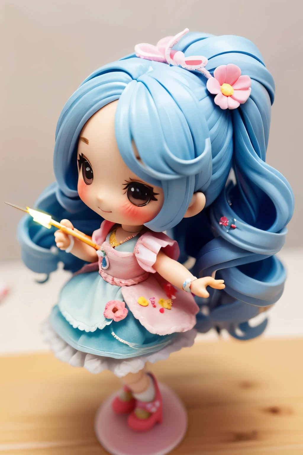 Photorealistic、Chibi Girl Doll(Sweets hair ornament、Have a magic wand、smile)
