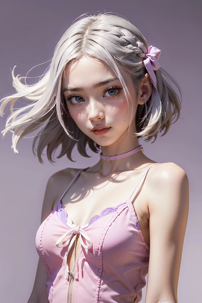 masterpiece, best quality, highres, serena (pokemon), short hair, blue eyes, 1girl, solo, blue ribbon, eyelashes, neck ribbon, sleeveless, bangs, collarbone, bare arms, pink dress , red coat, white background, front, no scenery, looking at the viewer,upper body, facing viewer, solid color background, clean background, facing the camera, high resolution, expressionless calm face, white back ground, looking away, simple_background (long hair, silver hair with purple tip,)