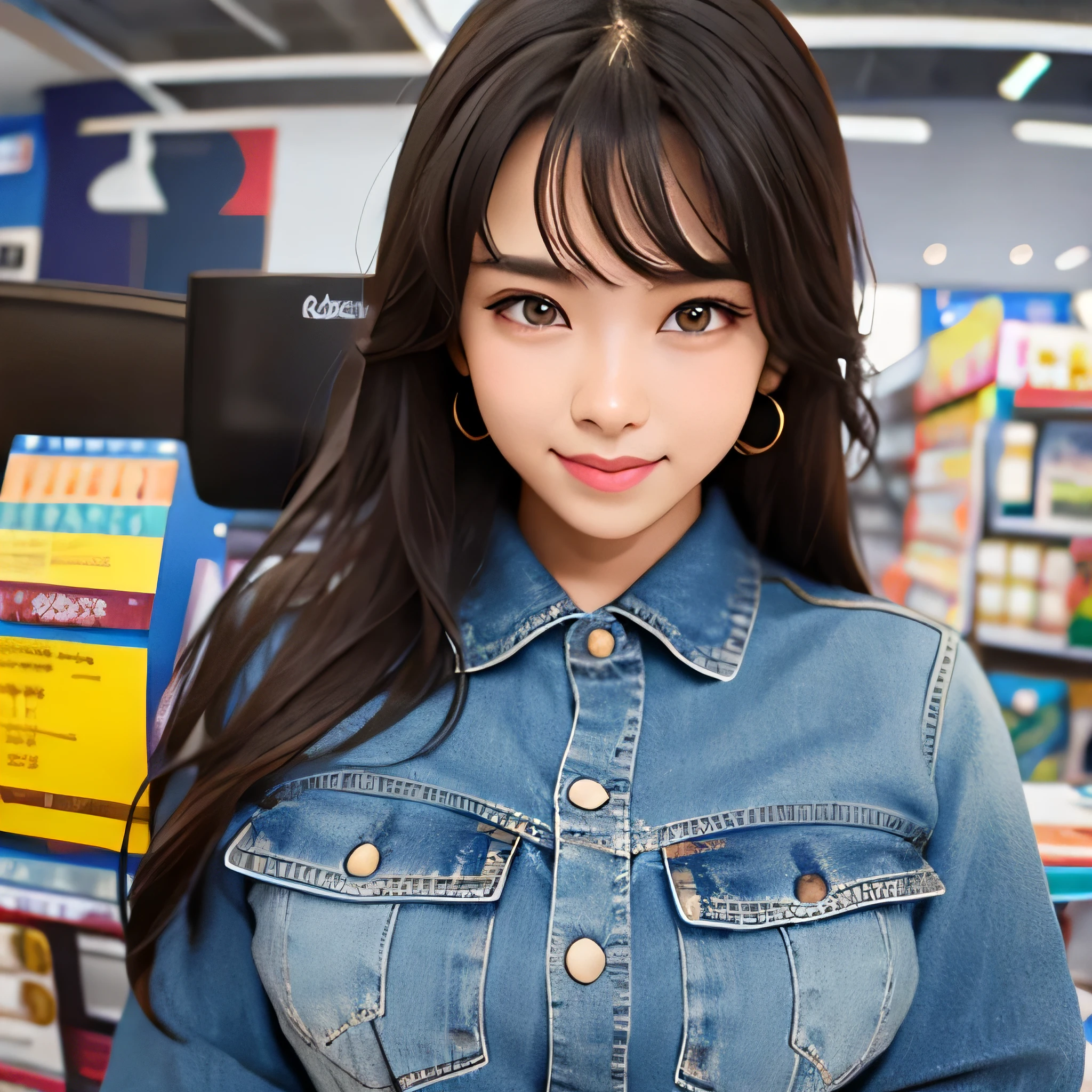 High-definition depiction、A 35-year-old woman from South America、Very beautiful、Inside the electronics store、Camera sales area、smile、Denim clothing、Brown Skin、slender、Big Breasts