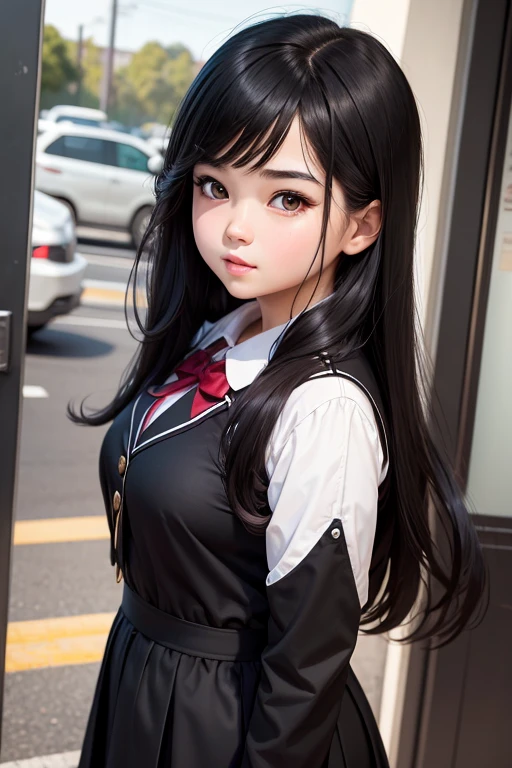 Masterpiece high quality high details realistic face ultra realistic face chubby face girl with slender fit figure and long dark black hair wearing highschool uniform dress
