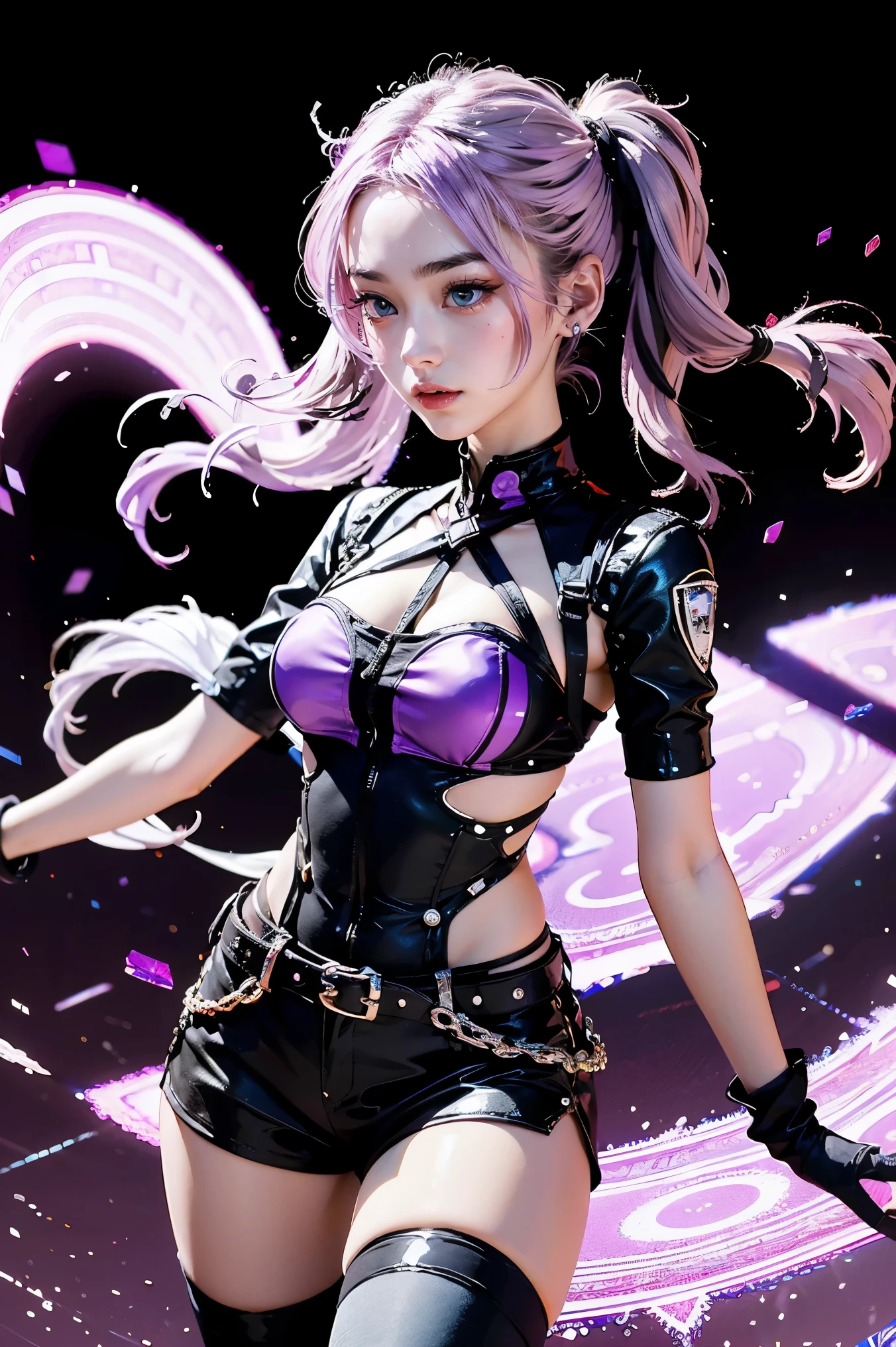 Best Quality, Ultra High Resolution, Cute, (KPOP Idol), (Long Twintail), (Light Purple Hair:1), ((Big Eyes)), Looking at you,
BREAK ((upper body:1.3)), Front View,A character with long, flowing silver hair and a slender build, wearing a black and white outfit that includes thigh-high boots and gloves. The character is in a dynamic pose surrounded by ethereal purple crystals and energy,
The character is in a dynamic pose surrounded by ethereal purple crystals and energy,A character with long, flowing purple hair, wearing a metallic top and black shorts with thigh-high boots. The outfit includes straps and belts, giving it a futuristic or fantasy style. The character is in a dynamic pose with radiant light or energy surrounding them, set against a minimalistic abstract background,