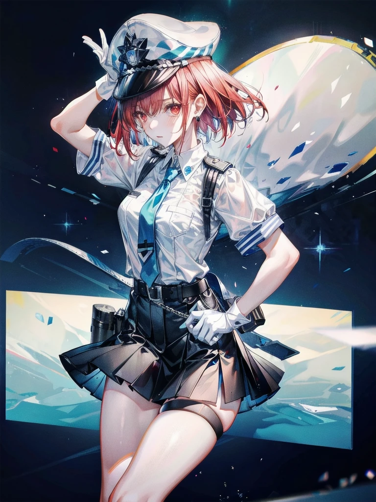 Create an album cover illustration for a pop idol group. The idol has ultramarine short bob high school girl, uniform, blue eyes and wears trendy outfits. He is holding a microphone and striking a dynamic pose while surrounded by colorful musical notes and stars. The background features a vibrant cityscape with skyscrapers, neon lights, and a starry sky, creating a vibrant and energetic atmosphere.