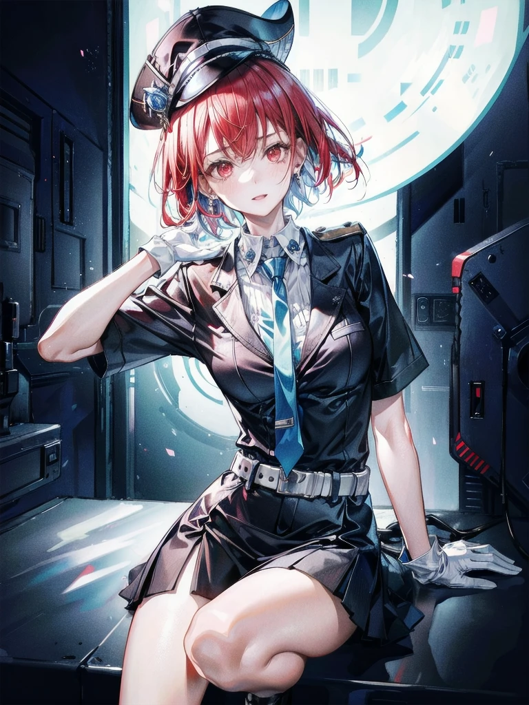 policewoman uniform, light blue short sleeved shirt, navy necktie, high waisted miniskirt, belt, white gloves, police hat, handcuffs, absurdres, RAW photo, extremely delicate and beautiful, masterpiece, Best Quality, ultra high resolution, 32k, hyperrealistic, ultra-detailed, detailed description, pale skin, 20 years old, tearful mole, earring, short medium hair, wavy hair, whole body shot, legs, Redhead, Red eyes, 