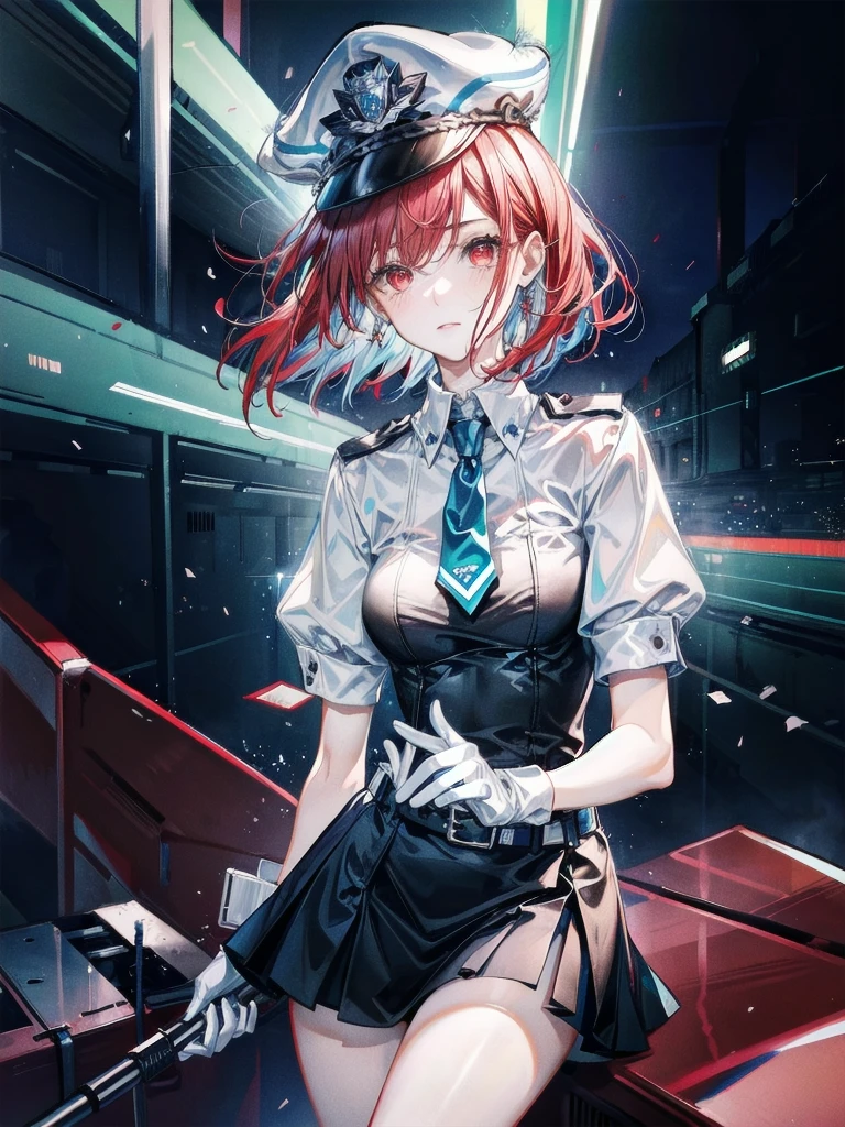 policewoman uniform, light blue short sleeved shirt, navy necktie, high waisted miniskirt, belt, white gloves, police hat, handcuffs, absurdres, RAW photo, extremely delicate and beautiful, masterpiece, Best Quality, ultra high resolution, 32k, hyperrealistic, ultra-detailed, detailed description, pale skin, 20 years old, tearful mole, earring, short medium hair, wavy hair, whole body shot, legs, Redhead, Red eyes,