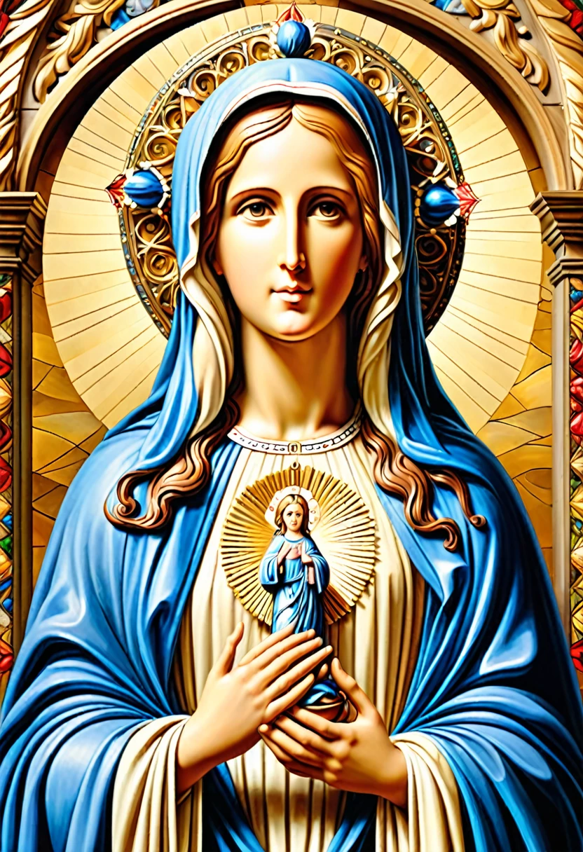(Full body), (best high quality:1.2), obra de arte, 8k, extremely detailed, (High detail:1.2), ((perfect anatomy in hands)), Painting of Mary mother of Jesus,