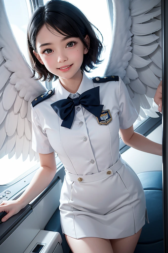 pop art,flat design,
angel girl,cute,15yo,ange halo,navy wavy short hair,(big white wings),
(flight attendant uniform),
in airplane,about to jump out of the window,
dynamic angle,nihilistic smile,beautiful lighting,photographic portrait, sharp,