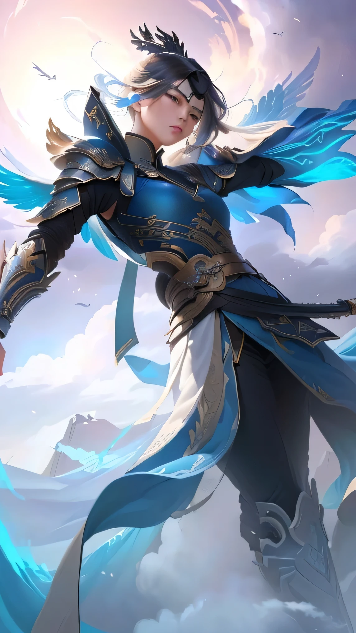 a close up of a person with a sword in a sky, mobile wallpaper, inspired by Huang Shen, heise jinyao, wallpaper mobile, amazing wallpaper, by Yang J, phone wallpaper, inspired by Shen Zhou, winged archer, wallpaper background, tane skin, phone background, extremely detailed artgerm, g liulian art style, by Qu Leilei