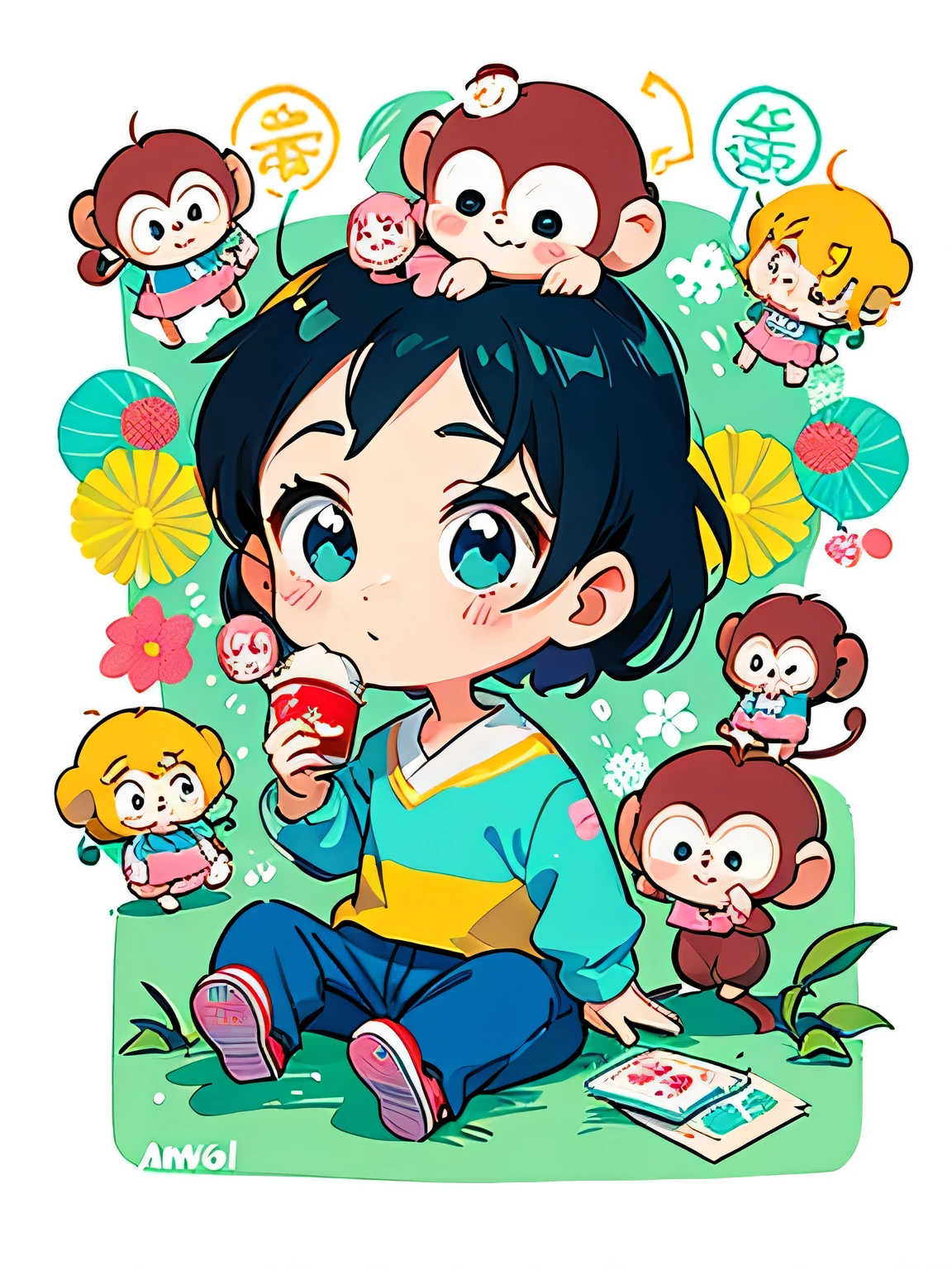 Andy Warhol, style, Kawaii Design, Chibi girl monkey, monkey Forest