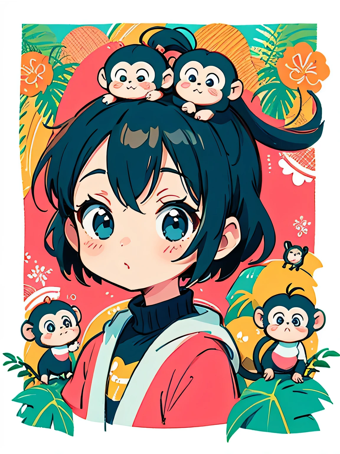 Andy Warhol, style, Kawaii Design, Chibi girl monkey, monkey Forest