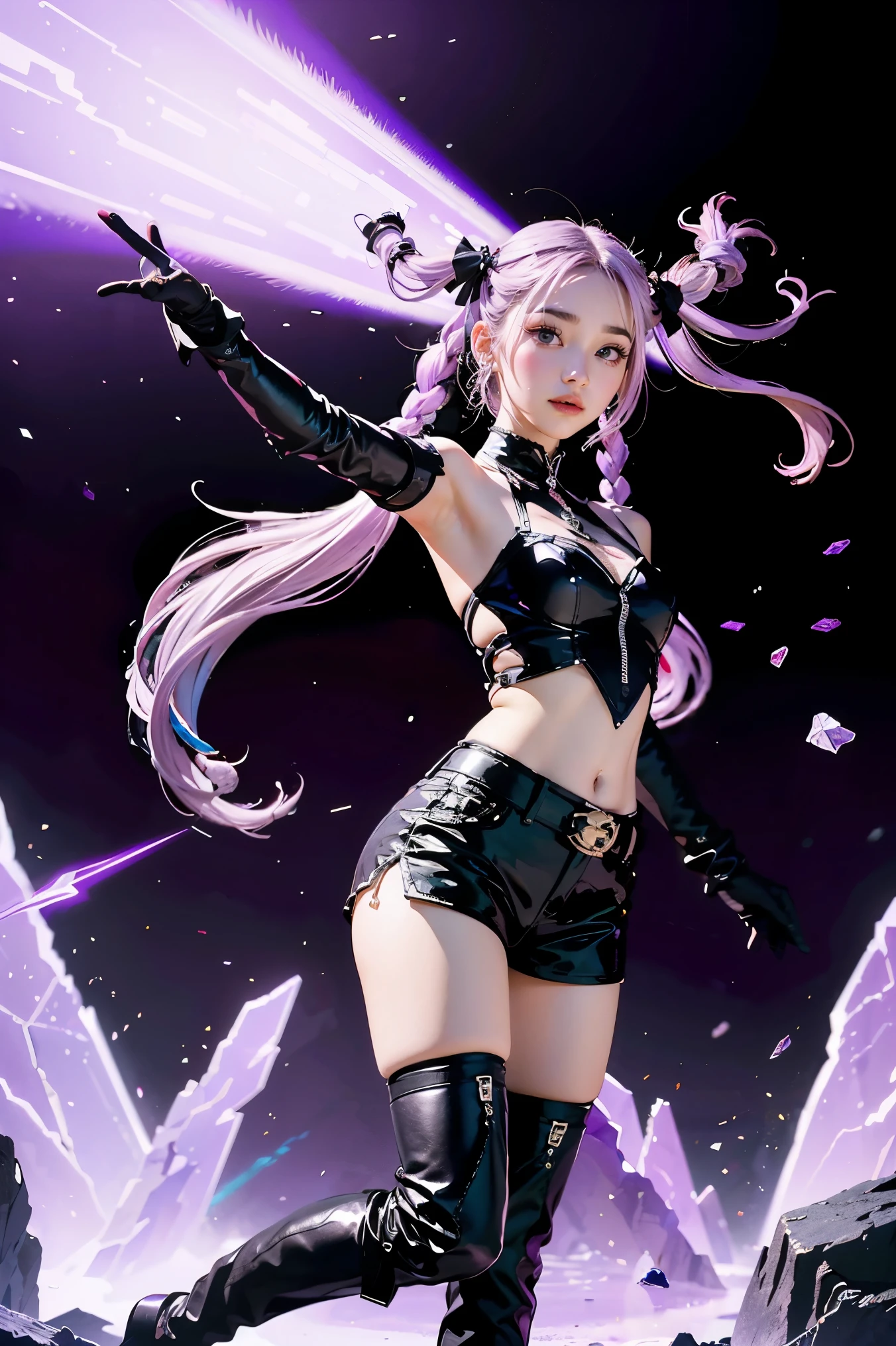 Best Quality, Ultra High Resolution, Cute, (KPOP Idol), (Long Twintail), (Light Purple Hair:1), ((Big Eyes)), Looking at you,
BREAK ((upper body:1.3)), Front View,A character with long, flowing silver hair and a slender build, wearing a black and white outfit that includes thigh-high boots and gloves. The character is in a dynamic pose surrounded by ethereal purple crystals and energy,
The character is in a dynamic pose surrounded by ethereal purple crystals and energy,A character with long, flowing purple hair, wearing a metallic top and black shorts with thigh-high boots. The outfit includes straps and belts, giving it a futuristic or fantasy style. The character is in a dynamic pose with radiant light or energy surrounding them, set against a minimalistic abstract background,