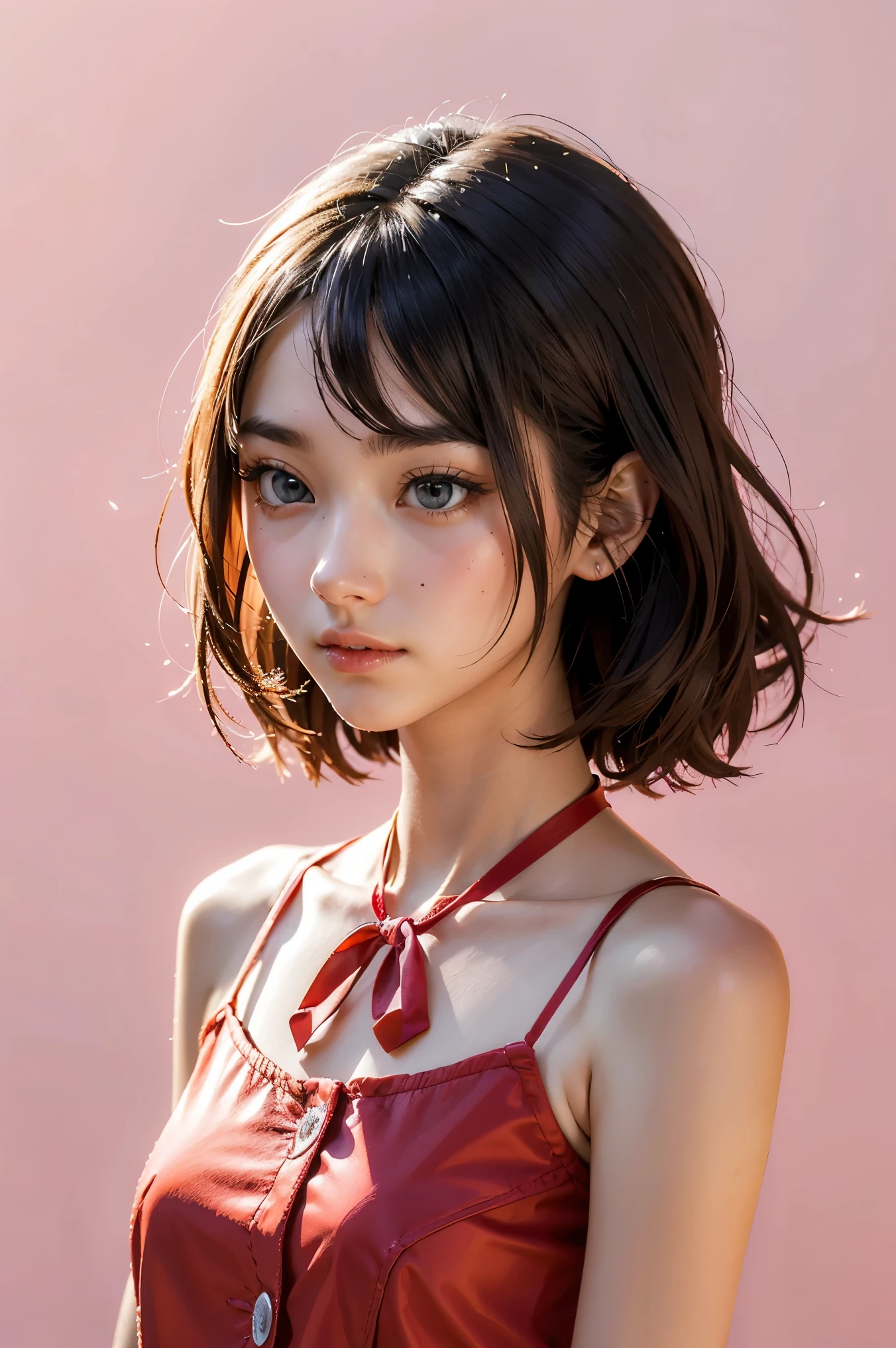 masterpiece, best quality, highres, serena (pokemon), short hair, blue eyes, 1girl, solo, blue ribbon, eyelashes, neck ribbon, sleeveless, bangs, collarbone, bare arms, pink dress , red coat, white background, front, no scenery, looking at the viewer,upper body, facing viewer, solid color background, clean background, facing the camera, high resolution, expressionless calm face, white back ground, looking away, simple_background