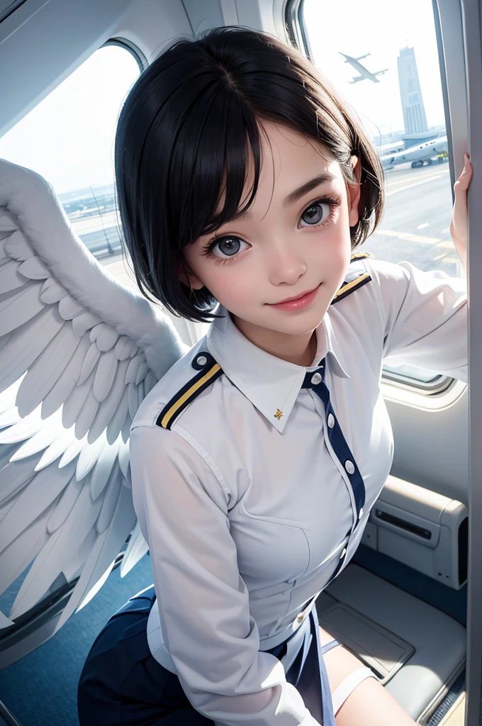 pop art,flat design,
angel girl,cute,,ange halo,navy wavy short hair,(big white wings),
(flight attendant uniform),
in airplane,about to jump out of the window,
dynamic angle,nihilistic smile,beautiful lighting,photographic portrait, sharp,