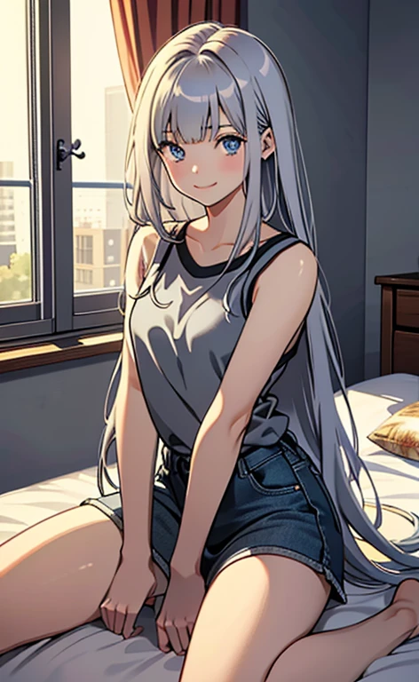 (masterpiece:1.4、top-quality、illustration:,realistic、)、(character focus、,cowboy shot:1.3)、(1girl),(light smile:1.3),(exact limbs:1.4),cute face,blue eyes、(tareme:1.3)、(),
(face down:1.3),(sit on the bed:1.4),、
(grey hair),(long hair:1.5)、
,(her room:1.3),（casual clothes:1.5),
(blunt bangs),(sidelocks:1.3), (small breasts:1.2)、
、slender、