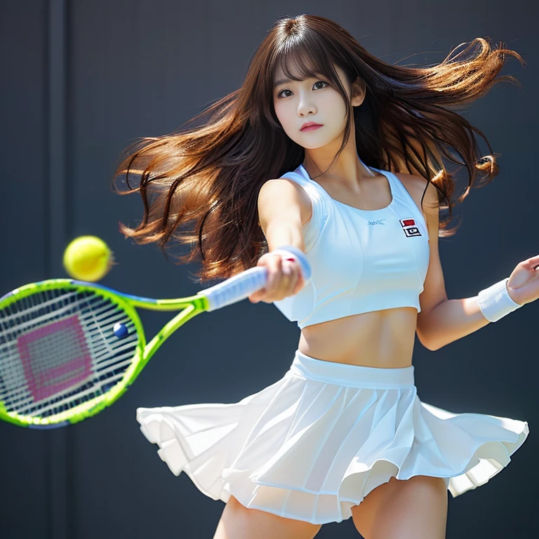 An idol in her fifties wearing white clothes and swinging a racket, Tennis Wear, a girl Playing tennis, Japanese Model, Playing tennis, Watching the ball、Hit the ball with your forehand、The ball is in front of the face of the tennis racket、Look at the direction the ball is going
