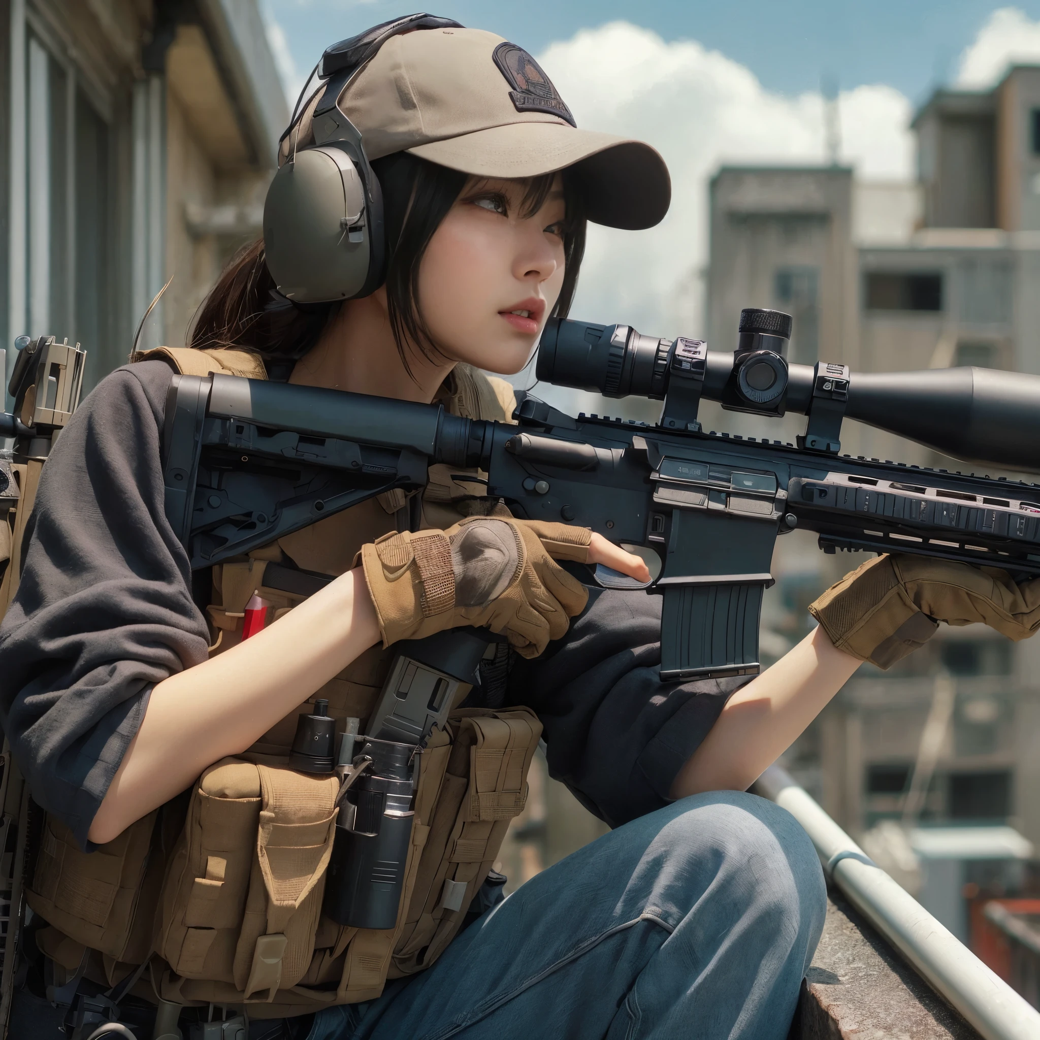 ８ｋ,Realistic Skin Texture、Realistic Photo、Japanese woman in SWAT sniper team、Rooftop、A sniper rifle is propped up against the wall、Rising　He is holding his hand to his ear and talking on an intercom、cap backwards、noon、Dynamic pose、Innovative composition、Full body photo