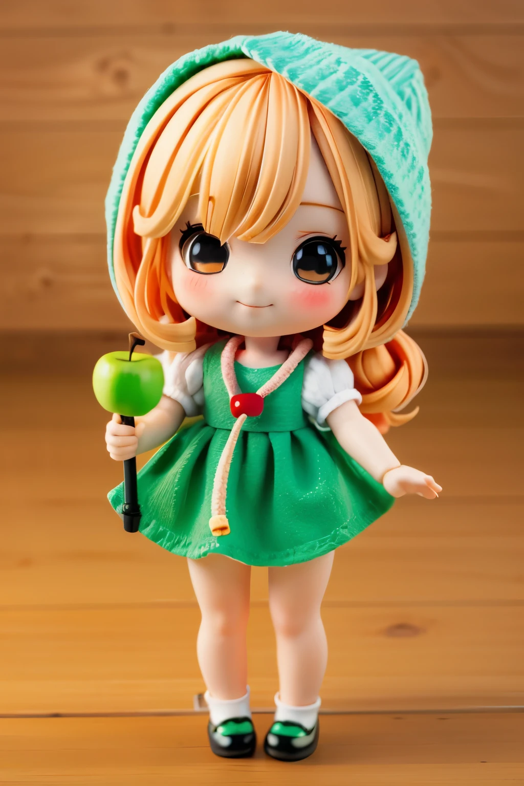 Photorealistic、Chibi Girl Doll（Apple-themed clothing、Have a magic wand、smile）