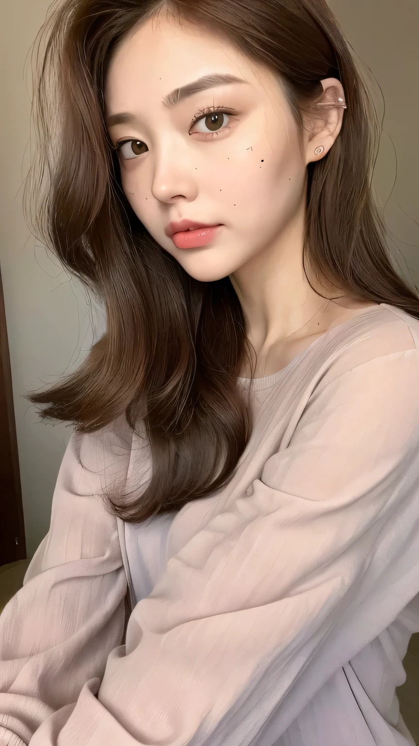 ((highest quality, 8k, masterpiece: 1.3)), 1 female, Japanese Mature,Sensual beauty: 1.3, (Hair style Brown hair Medium wave, big: 1.2), Nightwear: 1.1, Super slender face, Delicate eyes, double eyelid, Dimples,Mole, Home,Plump body,very thick legs,Shot from directly above,