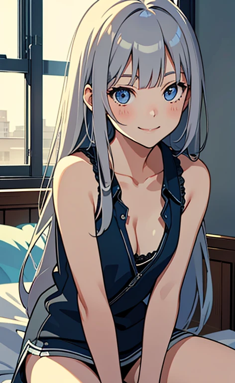 (masterpiece:1.4、top-quality、illustration:,realistic、)、(character focus、,cowboy shot:1.3)、(1girl),(light smile:1.3),(exact limbs:1.4),cute face,blue eyes、(tareme:1.3)、(),
(face down:1.3),(sit on the bed:1.4),、
(grey hair),(long hair:1.5)、
,(her room:1.3),（casual clothes:1.5),
(blunt bangs),(sidelocks:1.3), (small breasts:1.2)、
、slender、