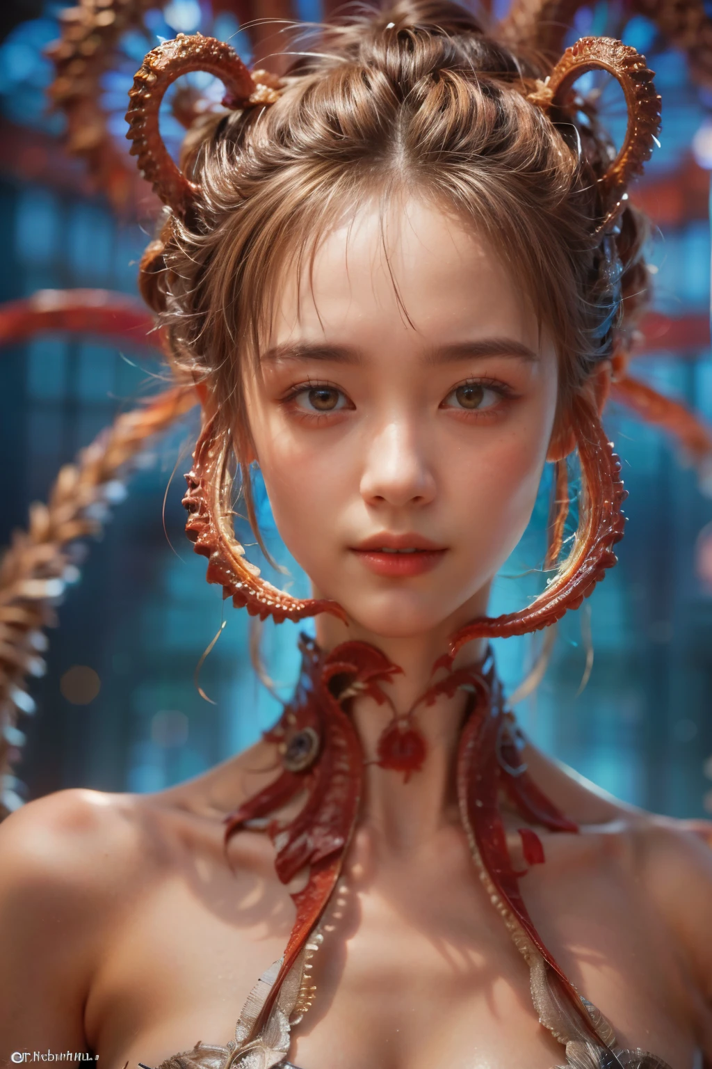 Portrait, (1 beautiful female alien:1.2), (There is a female genital-like organ in the middle of the forehead:1.8), (The most beautiful face in the history of the universe:1.2), (Scarlet eyes that shine mysteriously:1.6), (Translucent skin:1.8), an evil gaze that seduces, (red eyes:1.5), (large mouth:1.1), sharp teeth like a shark, Full body like, (bio luminescent:1.2), (Smile wickedly:1.3), (sexypose:1.5), alien, No humans, cells are fused, (Lots of translucent tentacles:1.1) (Translucent skin:1.3), extraterrestrial, cell, bio image, Best Quality, 8K,4K_quality, High Definition, Dramatic Lighting, masutepiece:1.5,cinematic quality, detail up, (Intricate details:1.2), High resolution, High Definition, drawing faithfully, (Thick eyebrows:1.2), Beautiful eyes with fine symmetry, (Ultra detailed eyes:1.2),(Highly detailed face and eyes:1.2), (High-resolution red-eye:1.4), Intimate face, (Super detailed skin quality feeling:1.4), Perfect Anatomy, (Beautiful toned body:1.5), (Moist skin:1.2), No makeup, (dark circles:1.1), long canines, cinematic drawing of characters, ultra high quality model, cinematic quality, detail up, (Intricate details:1.2), High resolution, High Definition, drawing faithfully, Official art, Unity 8K wall , 8K Portrait, Best Quality, Very High resolution, ultra detailed artistic photography, midnight aura, unreal enginee 5, Ultra Sharp Focus, art by alberto seveso, ArtGerm, Roisch, intricate artwork, best quality, masutepiece, ultra High resolution, (photos realistic:1.4), Ultra-realistic realism, dream-like, nautilus, Creation of fantasy, Snail, Dream Snail, (biopunk nautilus:1.3), Thrilling color schemes, Ultra-realistic realism, seductively smiling, Blue tentacles