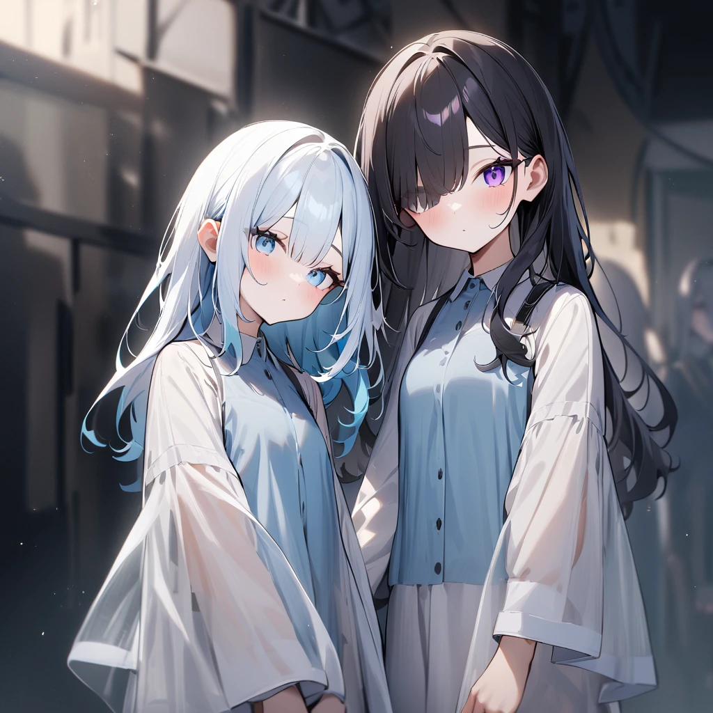 {{2girls}},masterpiece,best quality,very aesthetic,absurdres,cowboy shot,light color,dark color,light hair,dark hair,White hair,light blue hair,light blue eyes,Lovely,translucent hair,dark purple eyes,headless,(black hair,one eyes),hair one eyes