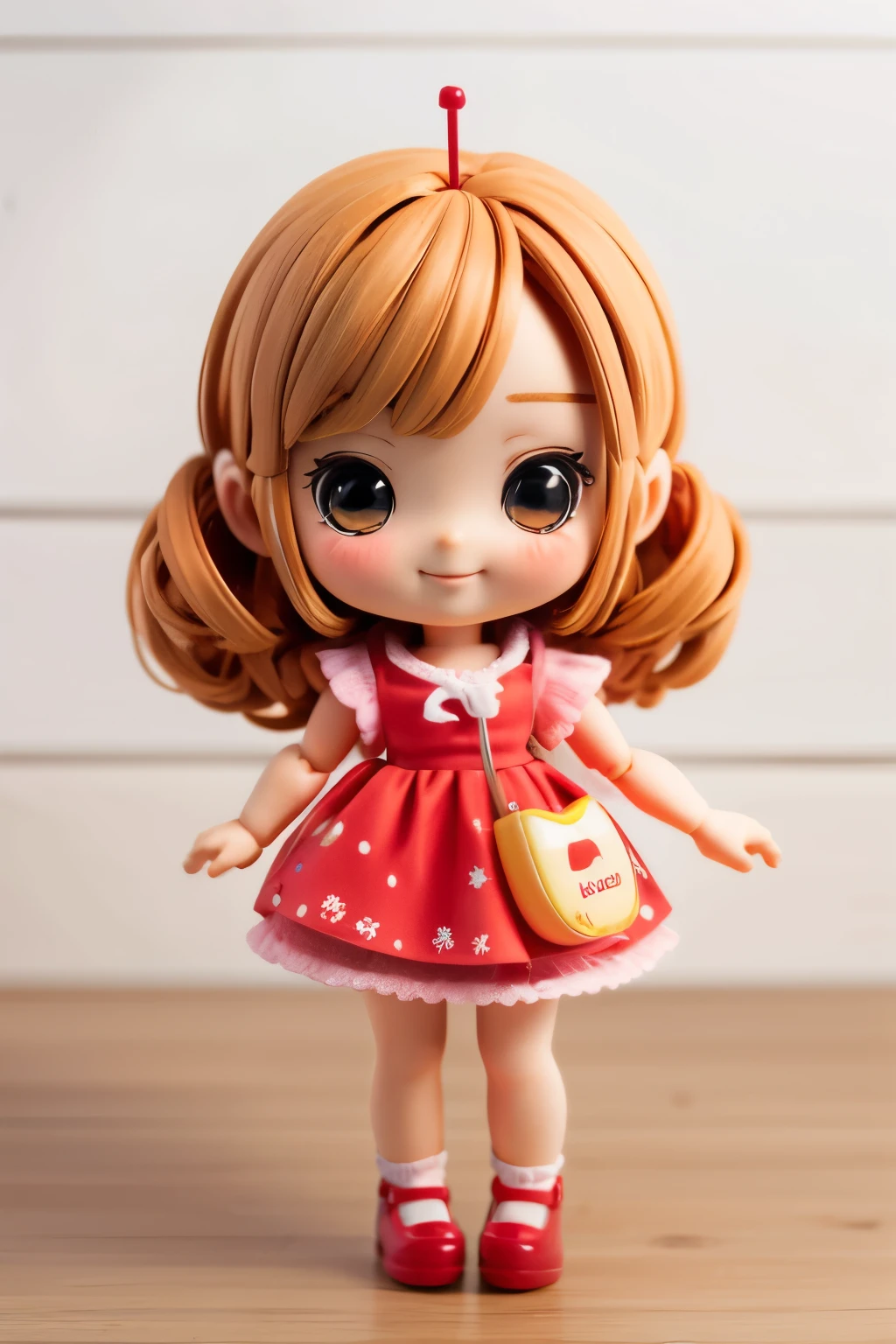 Photorealistic、Chibi Girl Doll(Apple-themed clothing、Have a magic wand、smile)