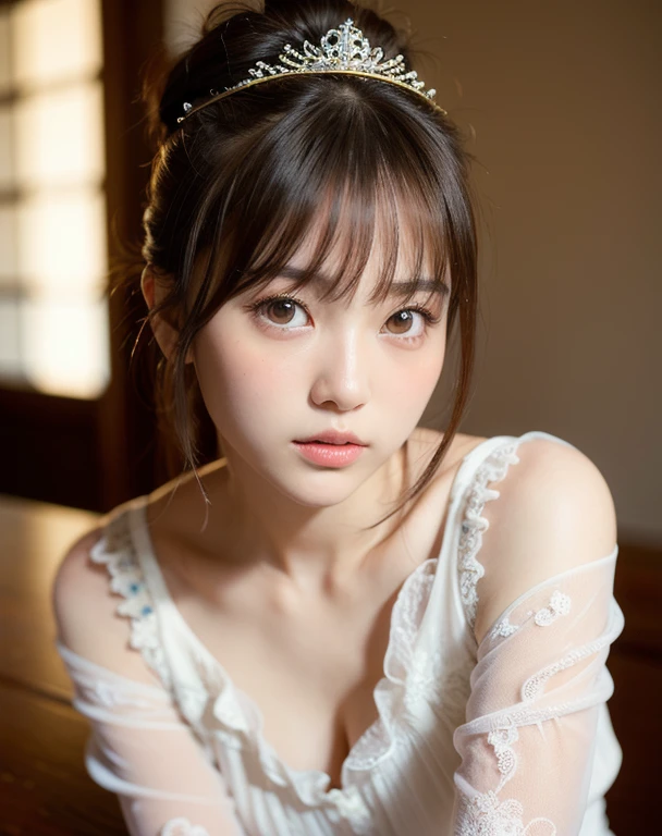 highest quality, Face Focus, Soft Light, Ultra-high resolution, (Realistic:1.4), RAW Photos,
1 Japanese girl, alone, cute, (pupil, Light in your eyes), Beautiful face in every detail, (),(High resolution detail of human skin texture),
(Bun Hair),
indoor,
Damask Shirt Dress,tiara、
(Portraiture)