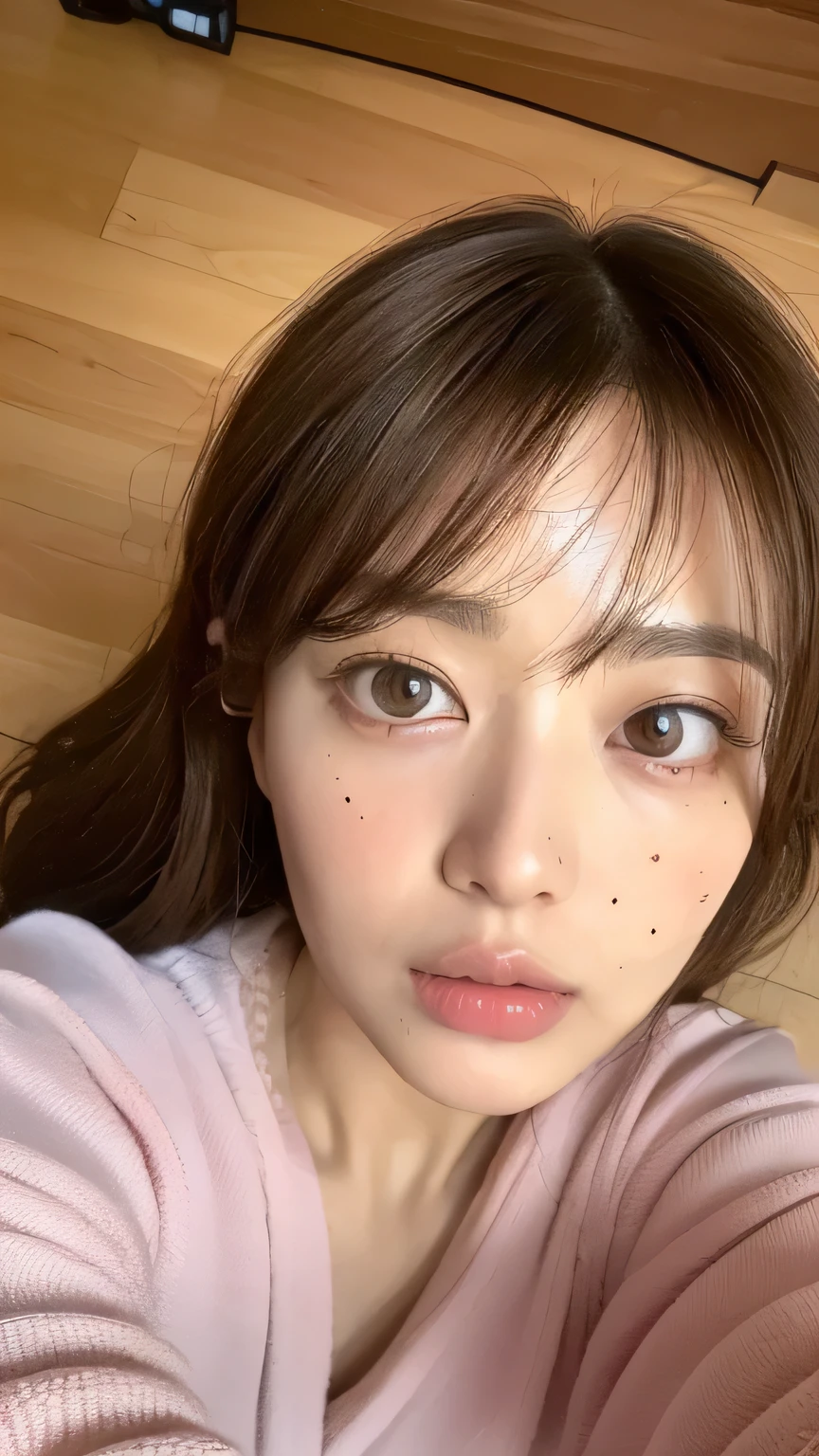 ((highest quality, 8k, masterpiece: 1.3)), 1 female, Japanese Mature,Sensual beauty: 1.3, (Hair style Brown hair Medium wave, big: 1.2), Nightwear: 1.1, Super slender face, Delicate eyes, double eyelid, Surprised expression,Mole, Home,Plump body,very thick legs,Shot from directly above,