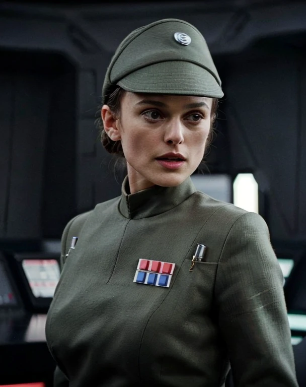 fashion photography of Keira Knightley in olive gray imperialofficer uniform and hat, brown hair in small tight bun, smooth pale white skin, large round breasts, sci-fi Death Star control room, sharp focus, dlsr, ultra sharp, professional Photographer, film grain, very detailed skin texture, photorealistic, no makeup