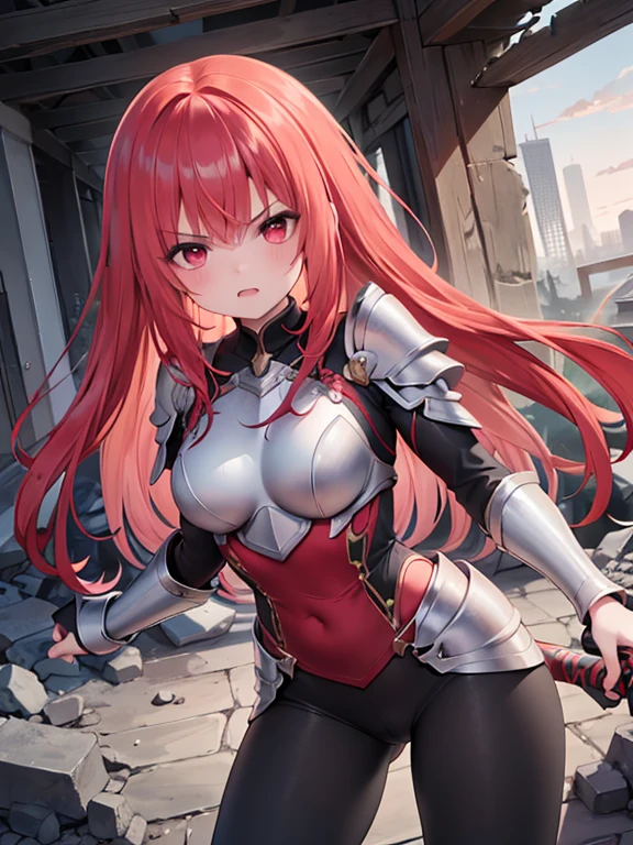 (8k, highest quality, Tabletop:1.2)、Ultra-high resolution, End of the century worldview, 1 girl aged 13, Perfect Fingers, Detailed face, Angry face, Red eyes, Red hair, Long Hair, Silver Armor, Gauntlet, Long tights, Leggers, In the ruined city, The dust rises, dim, carry a sword on one's waist, Arms crossed, upright