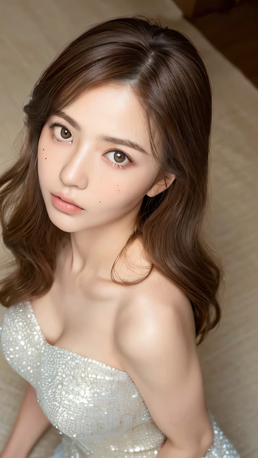 ((highest quality, 8k, masterpiece: 1.3)), 1 female, Japanese Mature,Sensual beauty: 1.3, (Hair style Brown hair Medium wave, big: 1.2), Nightwear: 1.1, Super slender face, Delicate eyes, double eyelid, (((Surprised expression,)))Mole, Home,Plump body,very thick legs,Shot from directly above,