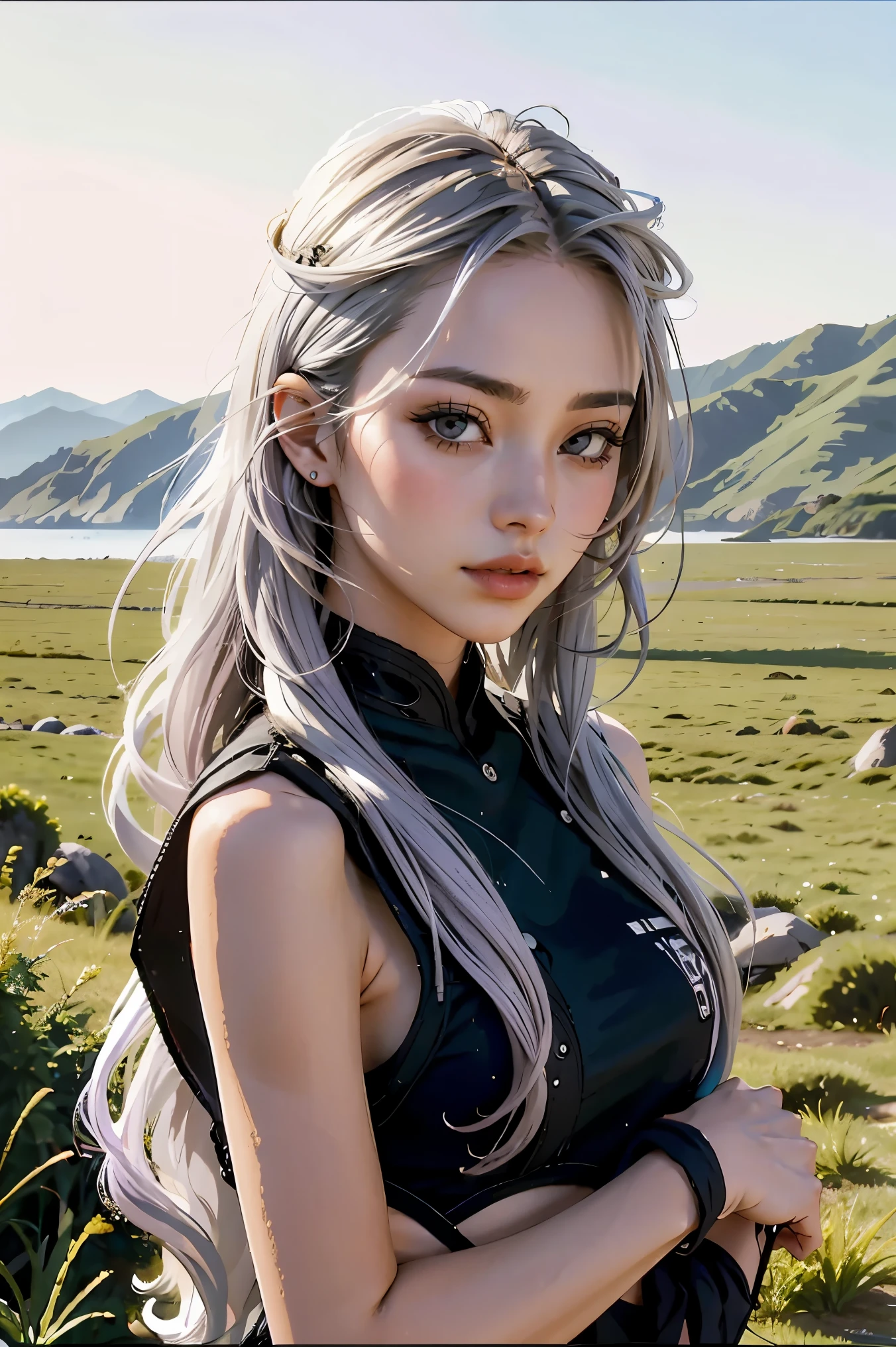 4k realistic, 25 years old, girl, grass, nature, messy hair, long hair, silver hair with purple tip, 