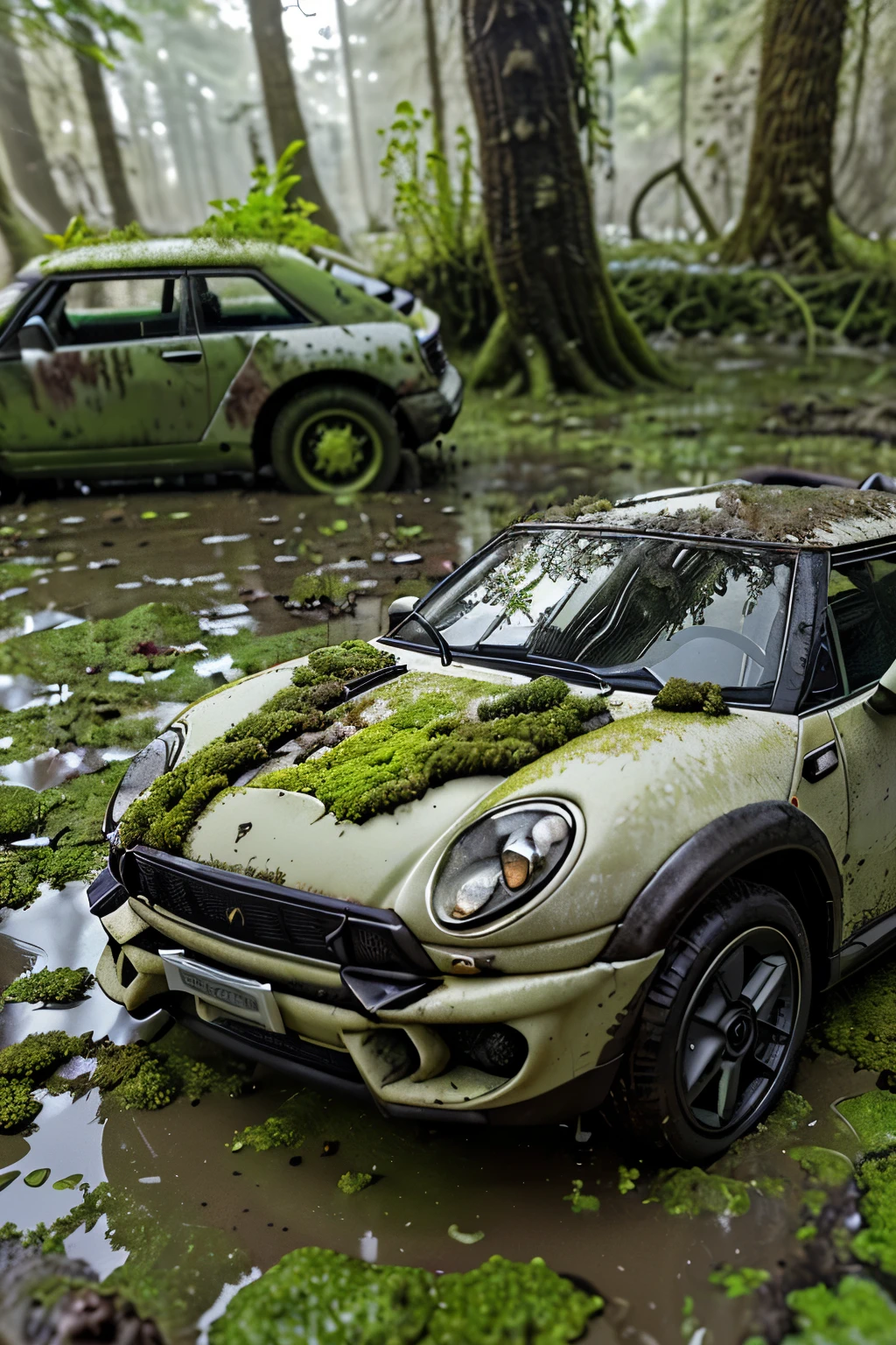 Depict an ultra realistic isolated wrecked abandoned modern luxury Lamborghini car covered with moss, fungi, algae, mud, soil, mini tares or darnel, mushrooms, small leaves and creeper leaves along with many other miniature plants in watery and Muddy field 

