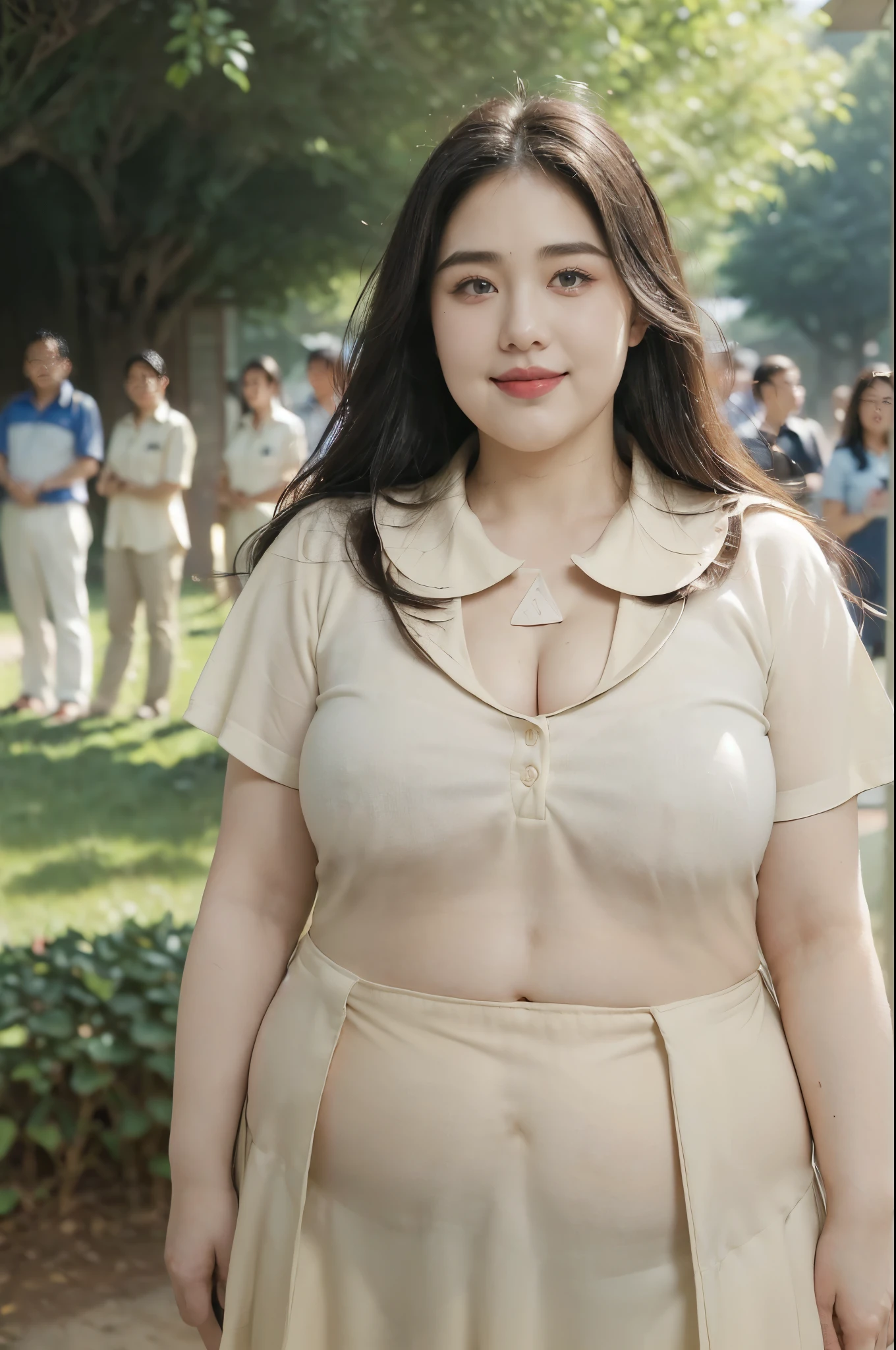 (Extremely meticulous CG),(((8k))),wallpaper,((Extremely refined and beautiful)),(((Masterpiece))),(((best qualtiy))),(((Ultra High Resolution))),beautiful light up,realistic shaded,(Smooth and flawless fair skin:1.5),(Extremely exquisite facial details:1.2),(ultra-detailed:1.5),((a beautiful girl,solo)),(shoulder-length straight bob hair:1.2),(wet hair:1.3),(small head:1.2),(big round face:1.5),(double chin:1.3),(Exquisite makeup:1.3),(smiling:1.2),(laughing:1.2),(perfect body:1.2),(short sleeves:1.2),(collared shirt:1.5),(plump:1.3),(fat:1.3),(obese:1.3),(overweight:1.3),(flat chests:1.9),(from front:1.3),(standing:1.3),(at the schoolgate:1.3),(outdoor:1.2),(early summer:1.3),(day scene:1.5),(warm afternoon sunshine:1.3),(surrounded by crowded crowds:1.5),(upper body:1.3)
