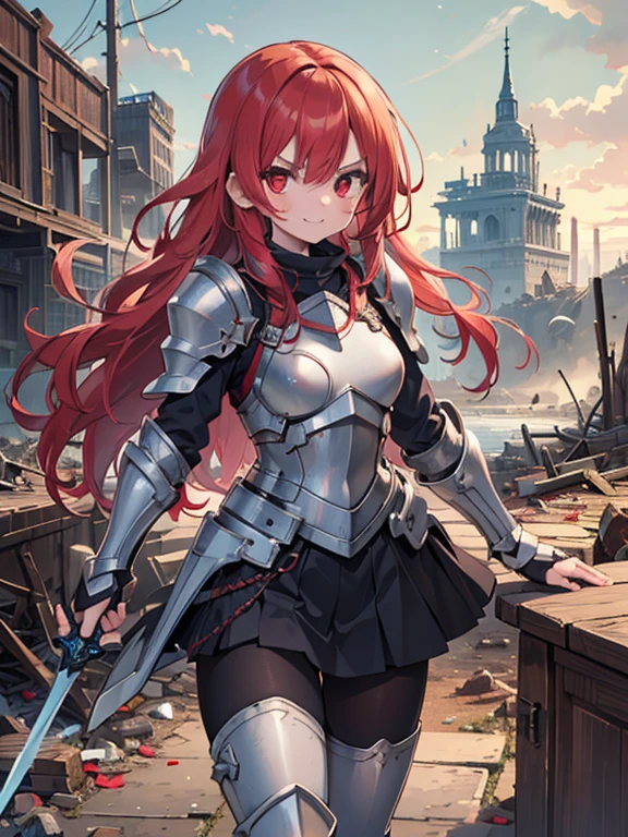 (8k, highest quality, Tabletop:1.2)、Ultra-high resolution, End of the century worldview, 1 girl , Perfect Fingers, Fearless smile, Angry face, Red eyes, Red hair, Long Hair, Silver Armor, Gauntlet, Long tights, Leggers, In the ruined city, The dust rises, dim, carry a sword on one&#39;s waist, Arms crossed, upright