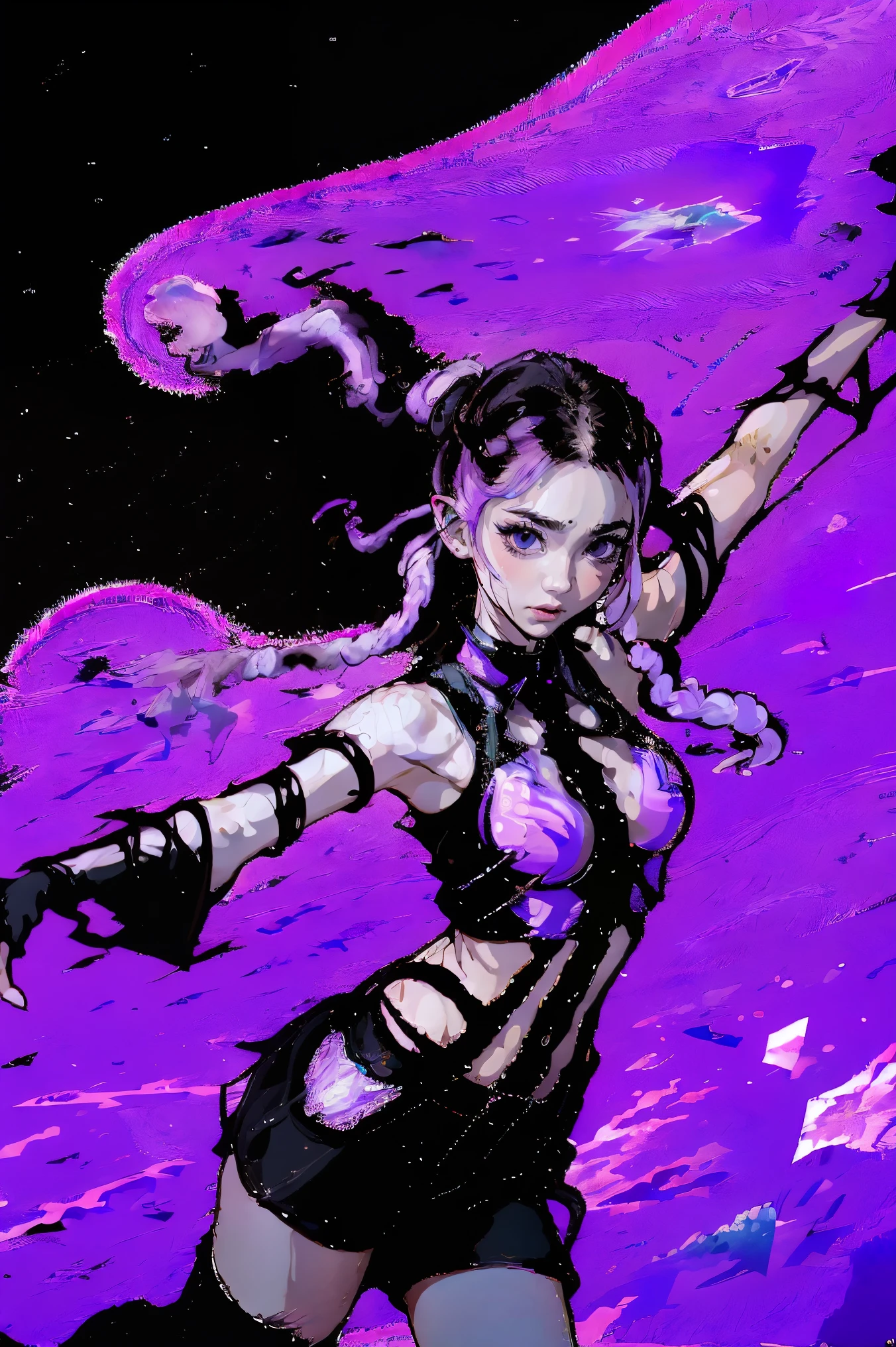 Best Quality, Ultra High Resolution, Cute, (KPOP Idol), (Long Twintail), (Light Purple Hair:1), ((Big Eyes)), Looking at you,
BREAK ((upper body:1.3)), Front View,A character with long, flowing silver hair and a slender build, wearing a black and white outfit that includes thigh-high boots and gloves. The character is in a dynamic pose surrounded by ethereal purple crystals and energy,
The character is in a dynamic pose surrounded by ethereal purple crystals and energy,A character with long, flowing purple hair, wearing a metallic top and black shorts with thigh-high boots. The outfit includes straps and belts, giving it a futuristic or fantasy style. The character is in a dynamic pose with radiant light or energy surrounding them, set against a minimalistic abstract background,