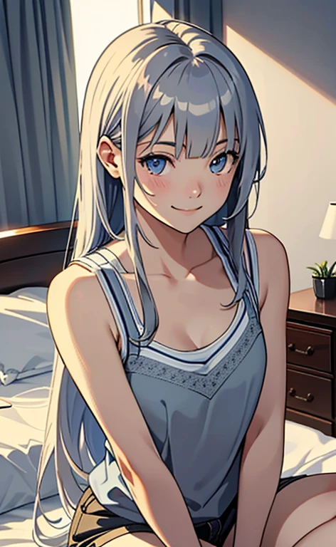 (masterpiece:1.4、top-quality、illustration:,realistic、)、(character focus、,upper body:1.3)、(1girl),(light smile:1.3),(exact limbs:1.4),cute face,blue eyes、(tareme:1.3)、(),
(face down:1.3),(sit on the bed:1.4),、
(grey hair),(long hair:1.5)、
,(her room:1.3),(casual fashion:1.5),
(blunt bangs),(sidelocks:1.3), (small breasts:1.2)、
、slender、