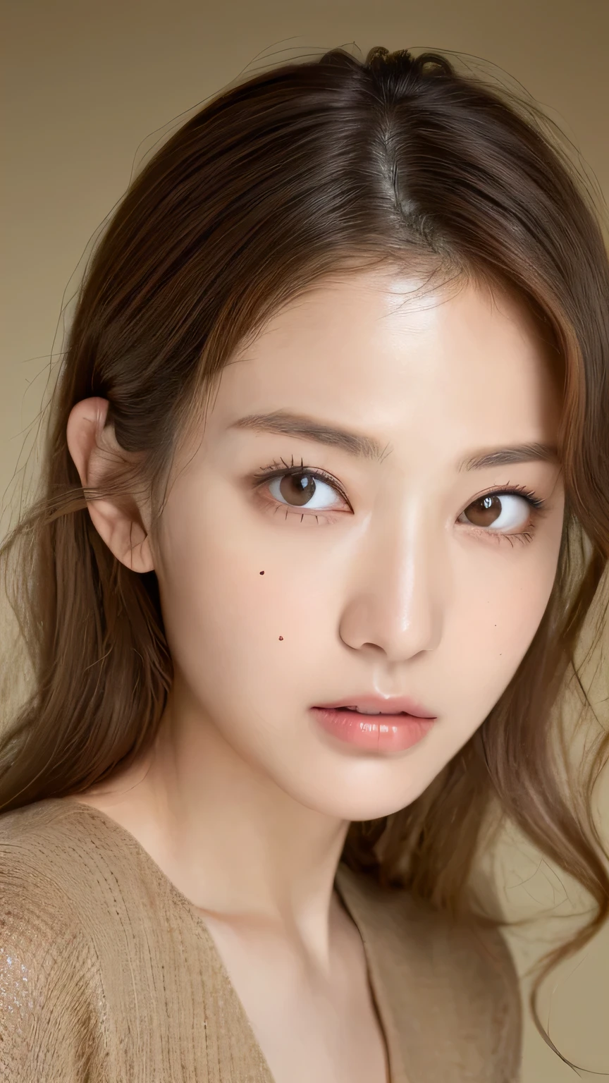 ((highest quality, 8k, masterpiece: 1.3)), 1 female, Japanese Mature,Sensual beauty: 1.3, (Hair style Brown hair Medium wave, big: 1.2), Nightwear: 1.1, Super slender face, Delicate eyes, double eyelid, (((Surprised expression,)))Mole, Home,Plump body,very thick legs,Shot from directly above,